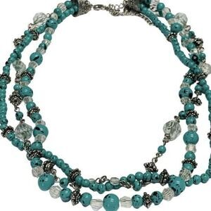 Vintage Premier Designs Faux Blue Turquoise Glass Bead Silver Tone Necklace 20”